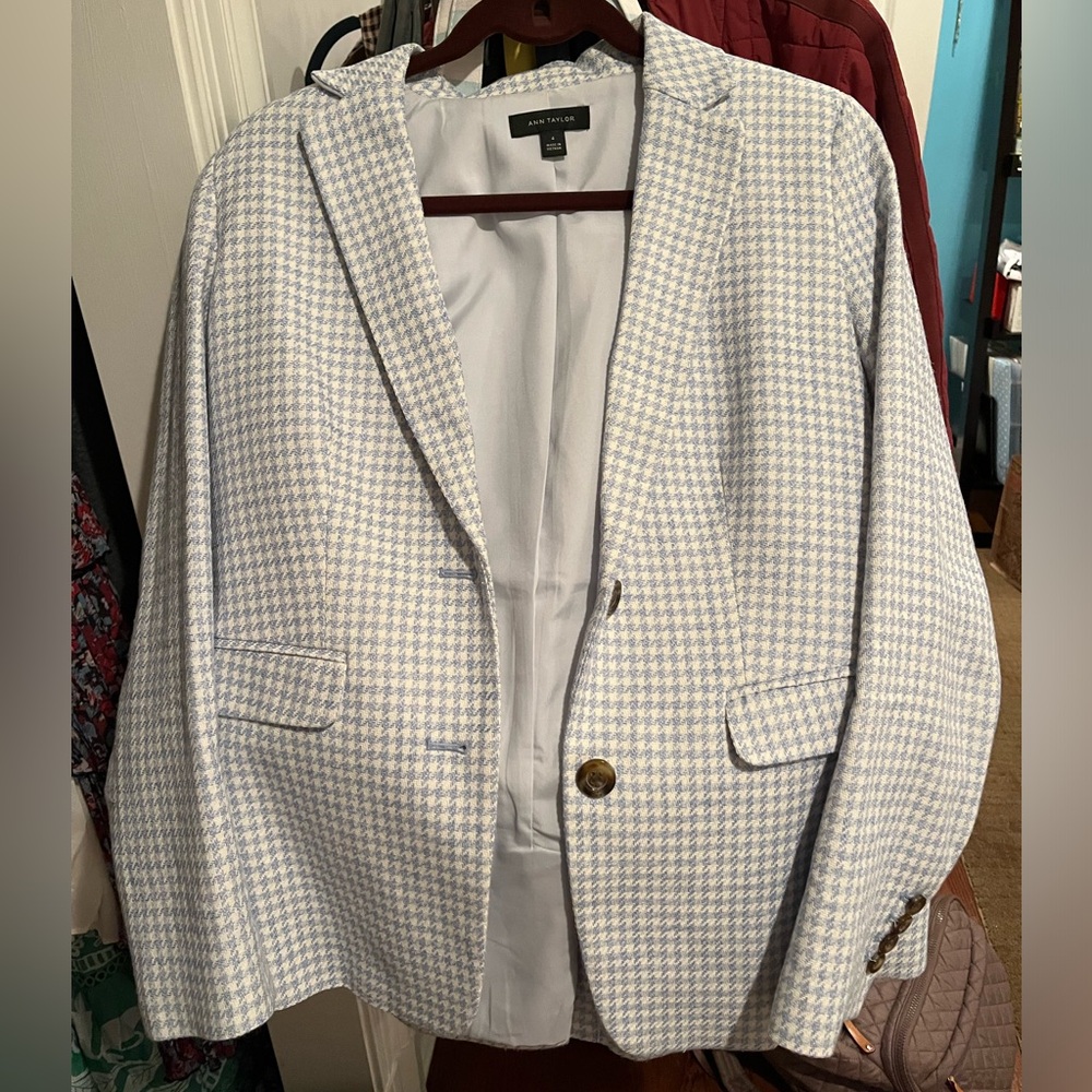 Ann Taylor Blue and White Plaid Blazer
